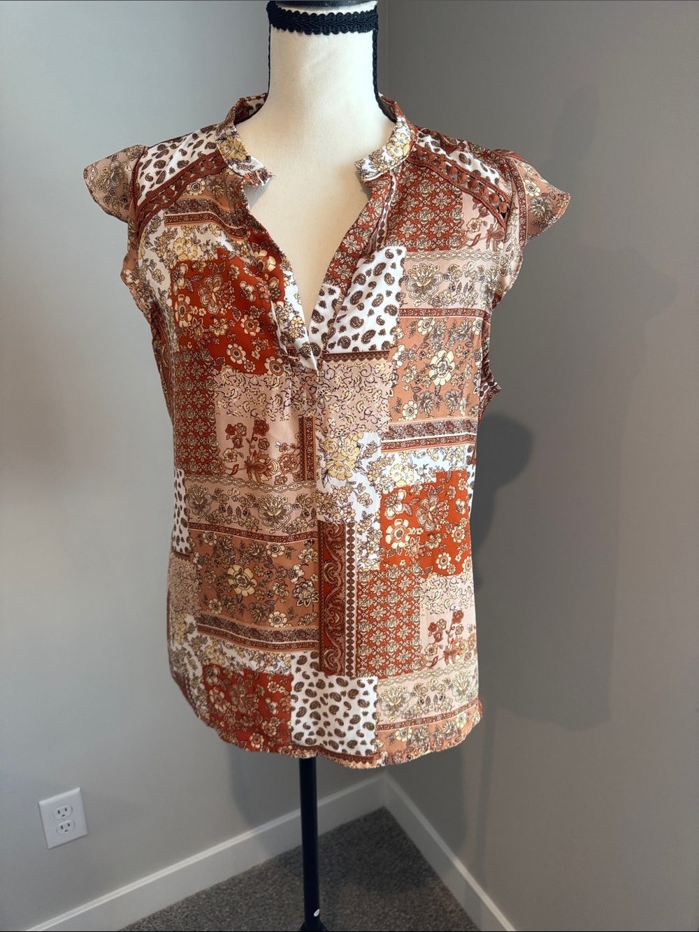 Patchwork Rust Floral Cap Sleeve Blouse